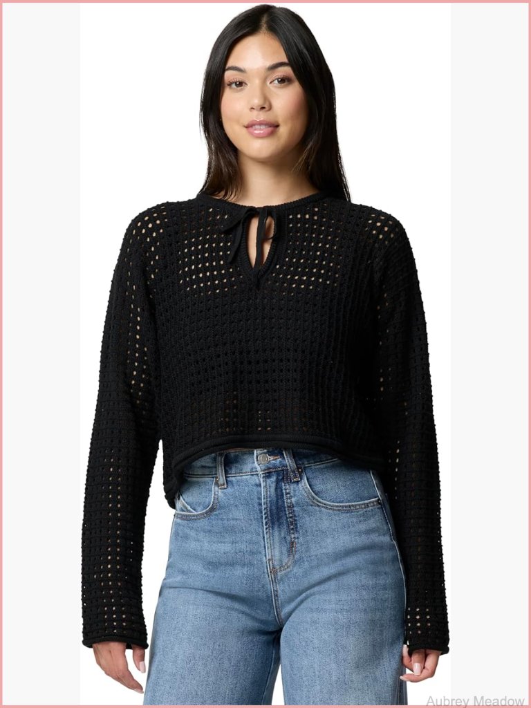 Tie Neck Open Knit Sweater, Cotton Viscose Blend, Spring/Summer